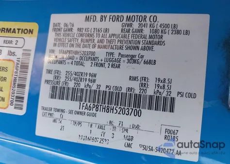 2017 Ford Mustang Ecoboost z USA, uszkodzony, nr VIN 1FA6P8TH8H5203700